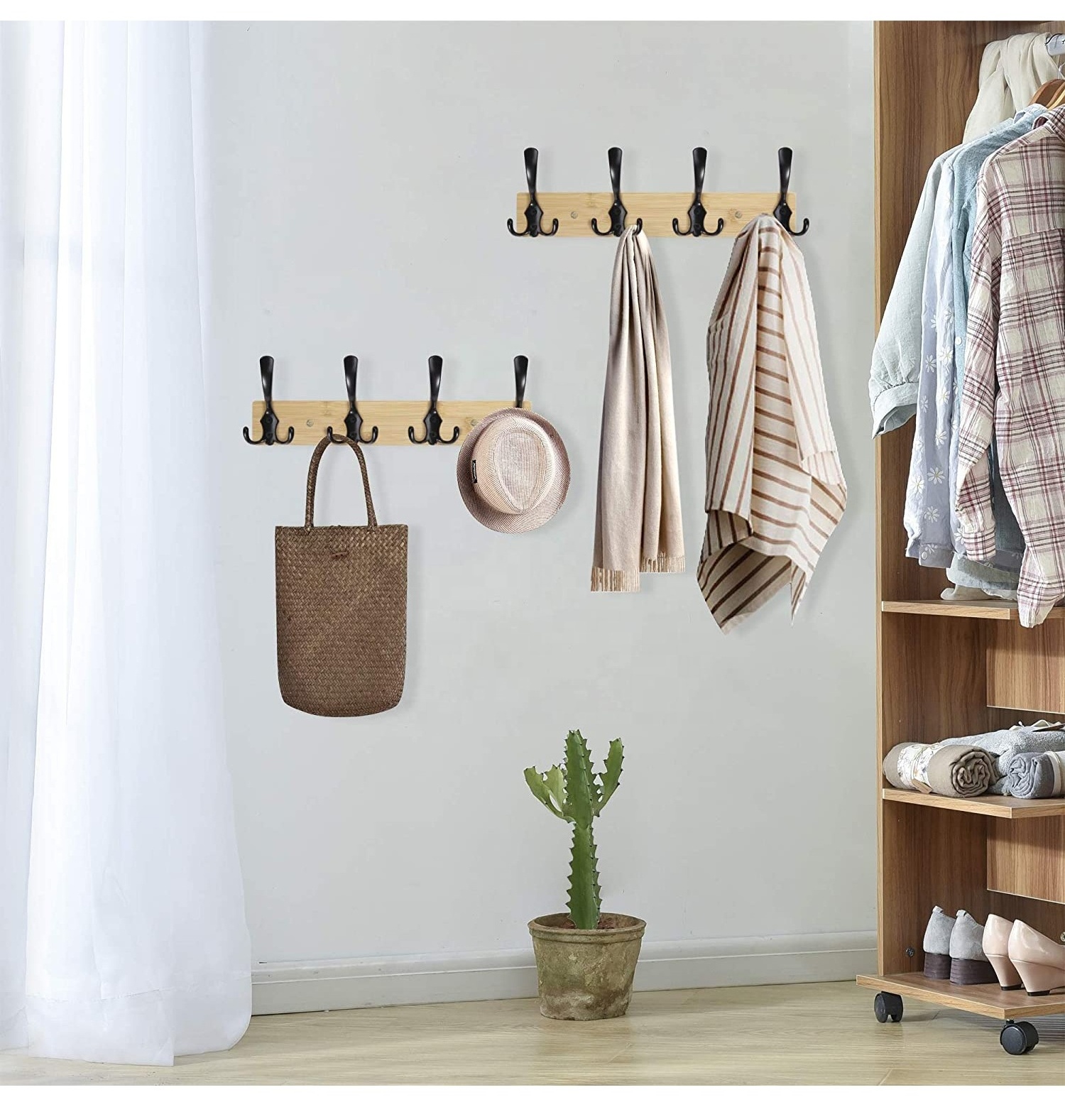 Solid wood hook with 4 hooks  placed behind the door or in the bathroom to hang bags hats clothes and bath towels