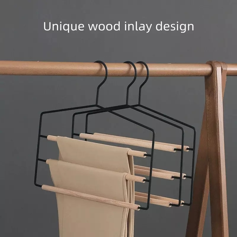 IANGO Metal Hangers Rack 3-tier Closet Storage Organizer Non Slip Space Saving Scarf Ties Pants clothes Hangers With Wood Bar