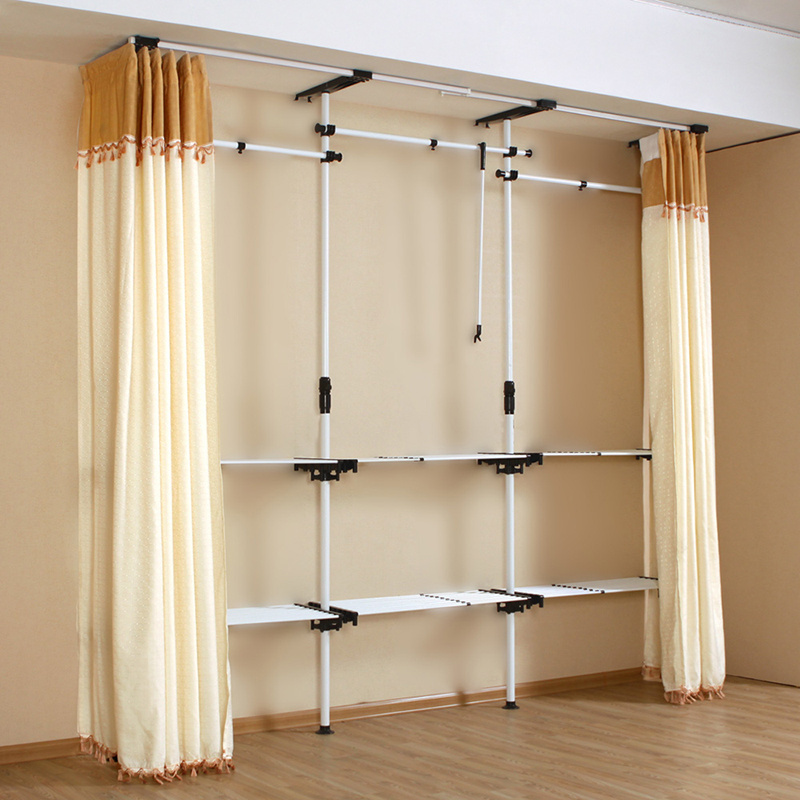 Four Poles Vertical Standing Clothes Coat Racks Wardrobe Wall Mounted Garment Storage Shelves Cabinet