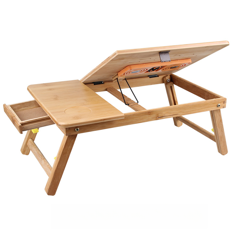 Bamboo Folding Laptop Desk Stand Wooden Foldable Breakfast Notebook Table Bed Tray with Fan Drawer