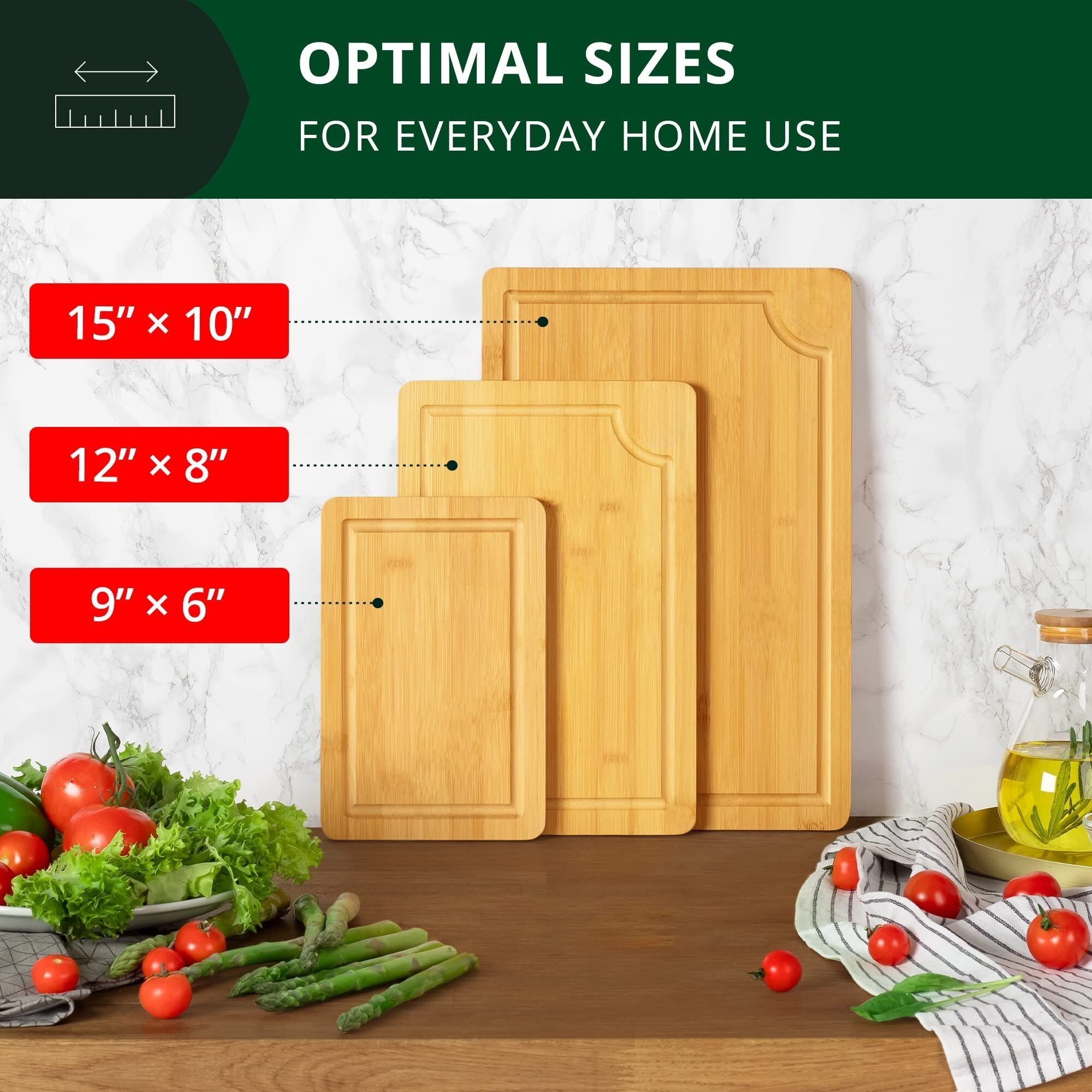 Custom Rectangle Large Engraved Bamboo Wooden Cutting Boards Set Chopping Block 3 Piece in 1 Set with Juice Groove