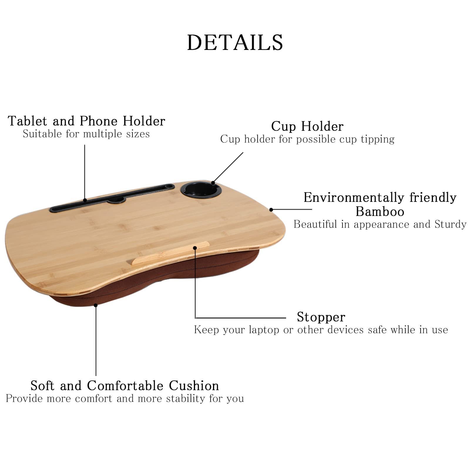 Portable Wood Bamboo Lap Desk Laptop Pillow Table Laptop Tray Desk Lap Tabletop Pad with Soft Pillow Cushion Cup Holder