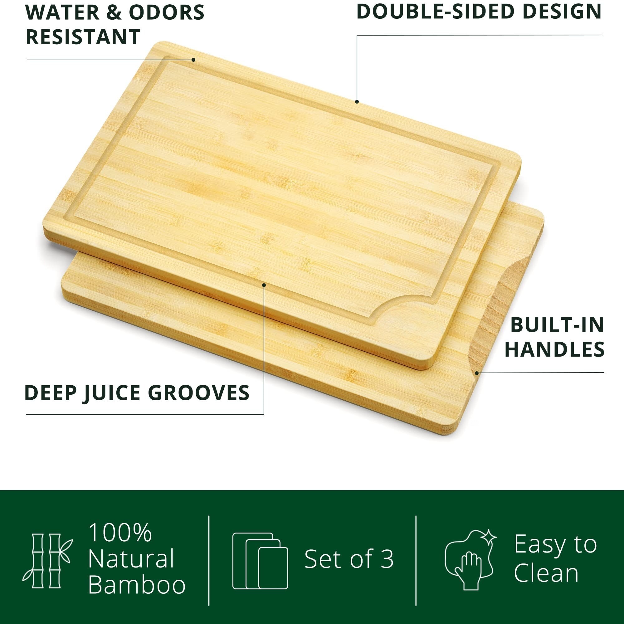 Custom Rectangle Large Engraved Bamboo Wooden Cutting Boards Set Chopping Block 3 Piece in 1 Set with Juice Groove