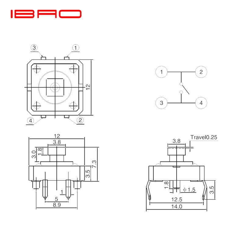 IBAO KFC series ip67 waterproof mini push button latching 5 pin 4 pin dip smt normally open smd tact switch