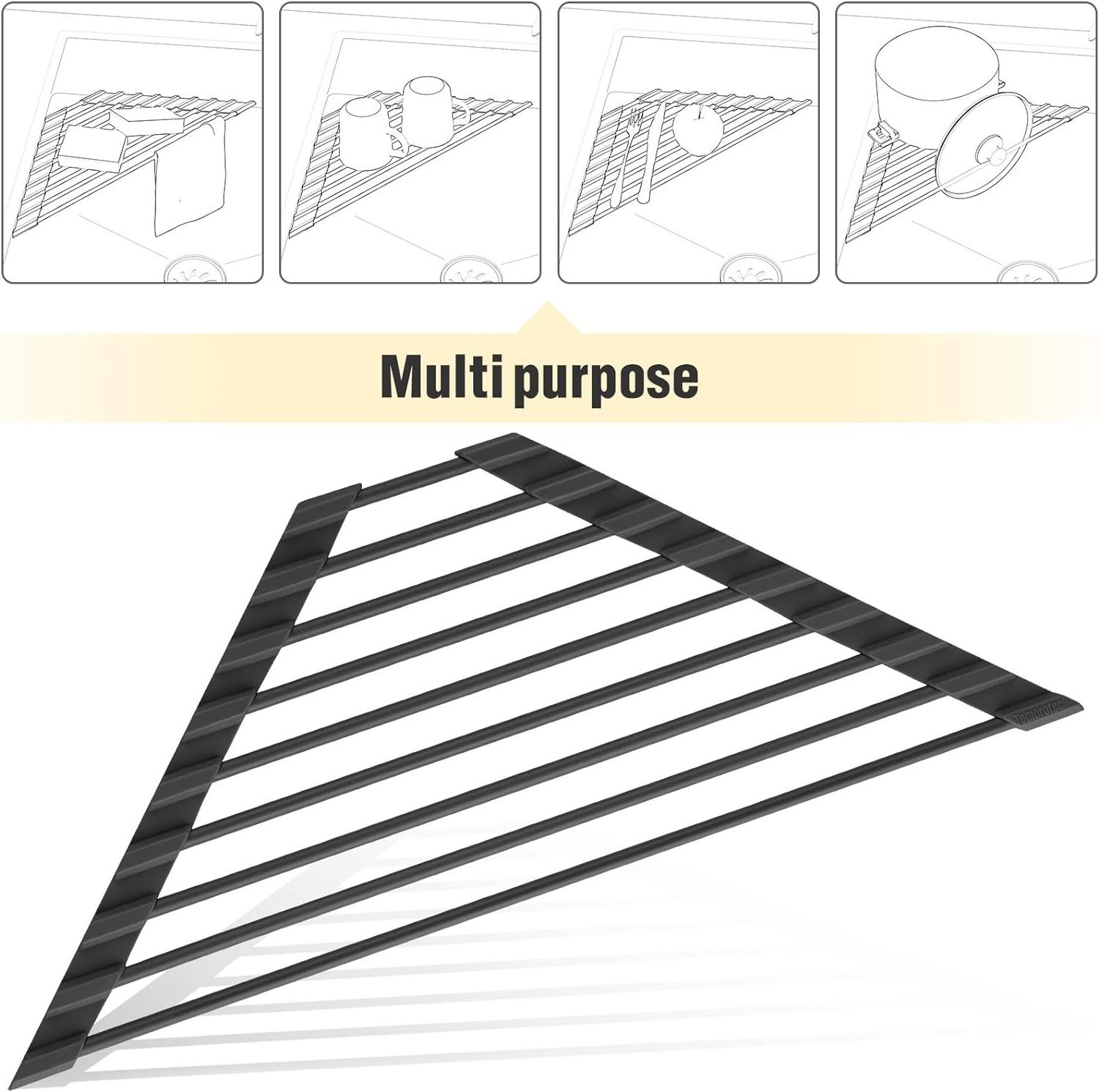 Small Triangle Roll-Up Dish Drying Rack with Silicone Coating Stainless Steel Frame for Sink Corners, Space-Saving Storage