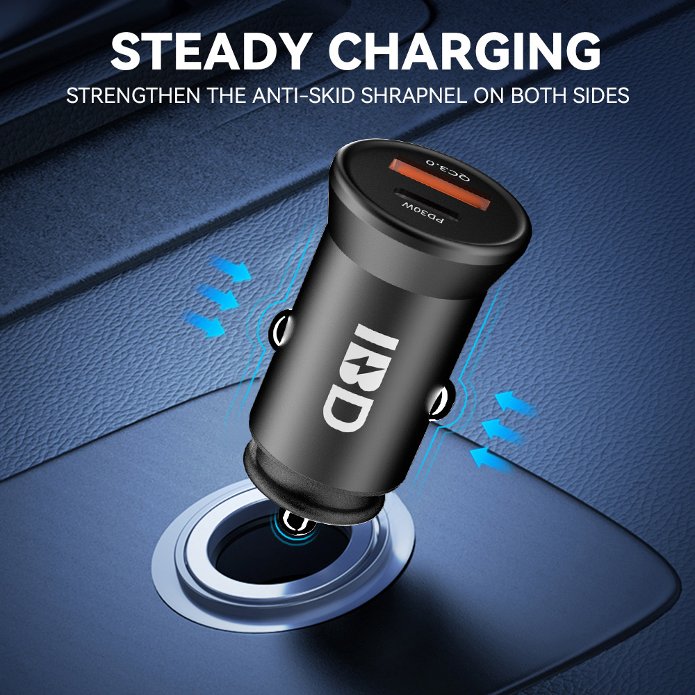 IBD Best mini small metal aluminium pd 30w Qc 3.0 18w 33W phone car charger 2 usb type c usbc port qc3.0 car mobile chargers