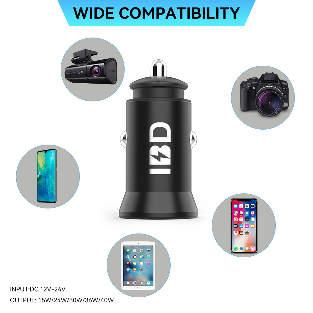 IBD Best mini small metal aluminium pd 30w Qc 3.0 18w 33W phone car charger 2 usb type c usbc port qc3.0 car mobile chargers