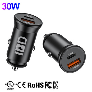 IBD Best mini small metal aluminium pd 30w Qc 3.0 18w 33W phone car charger 2 usb type c usbc port qc3.0 car mobile chargers