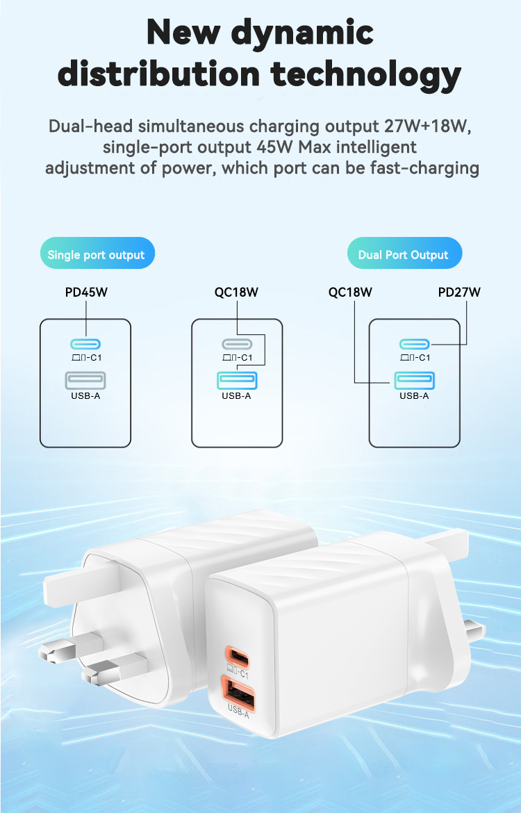 IBD Factory Wholesale Mini Gan 45W UK Plug QC3.0 QC4.0+ PD 2.0 3.0  1USB Dual 2 TYPE-C Fast Wall Charger For Laptop Mobile Phone