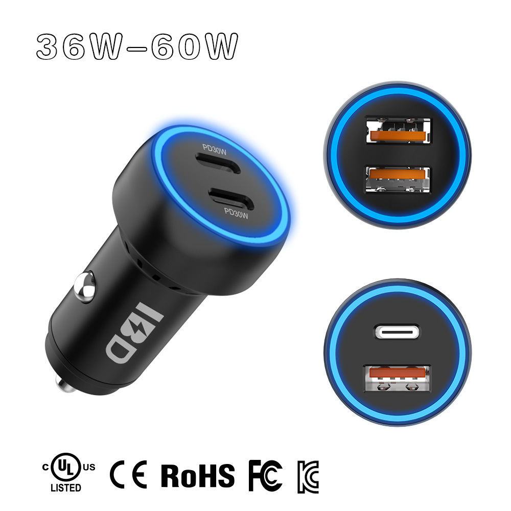 IBD352 60W New Arrival 2 Ports PD Fast Car Charger USB Mobile Phone 12v Dual Port Car Charger for iPhone13