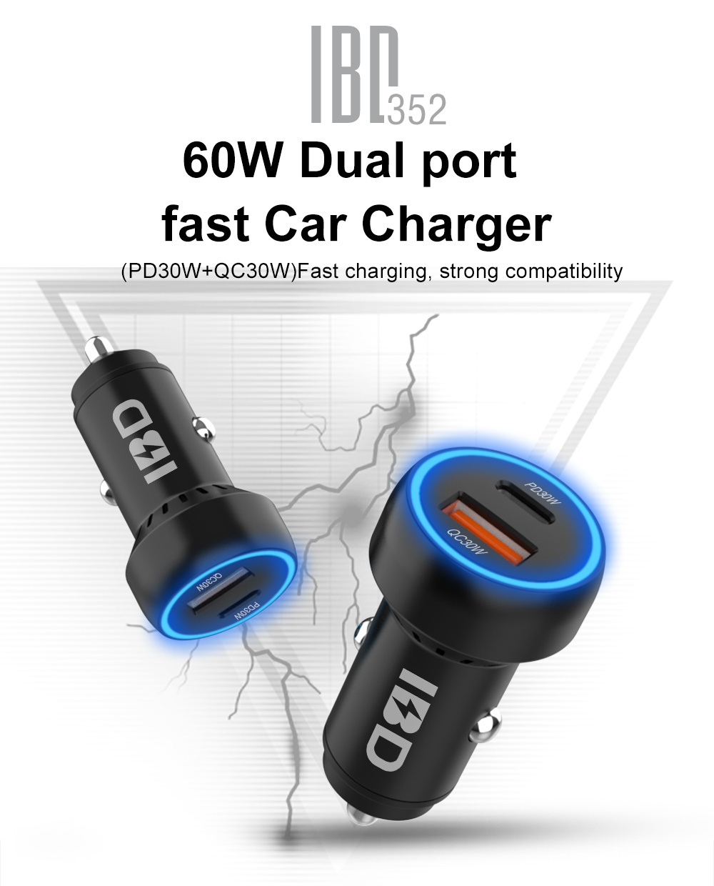 IBD352 60W New Arrival 2 Ports PD Fast Car Charger USB Mobile Phone 12v Dual Port Car Charger for iPhone13