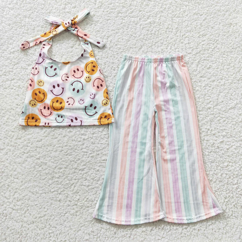 Wholesale Spring Summer Baby Girls Clothing Custom Print Milk Silk Fabric Bell Bottoms 2 Pieces Kids Clothing Outfits