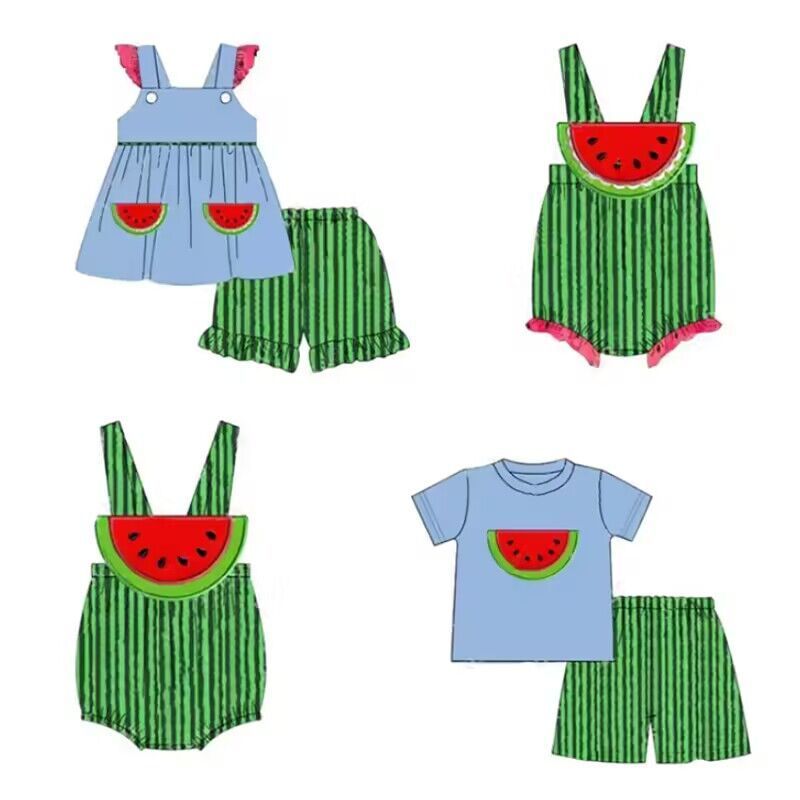 spring kids designer clothes custom girls dresses and bloomer set watermelon embroidered children summer clothing