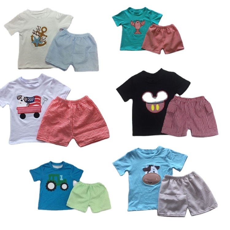 2020 new embroidered plaid shorts cute cartoon short sleeve suit boy