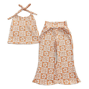 Wholesale Spring Summer Baby Girls Clothing Custom Print Milk Silk Fabric Bell Bottoms 2 Pieces Kids Clothing Outfits