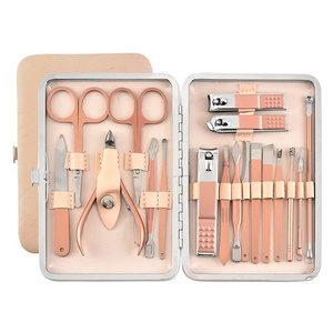 Professional 18pcs Nail Clippers Set  Grooming Kit Custom Logo Rose Gold Manicure Set Stainless Steel