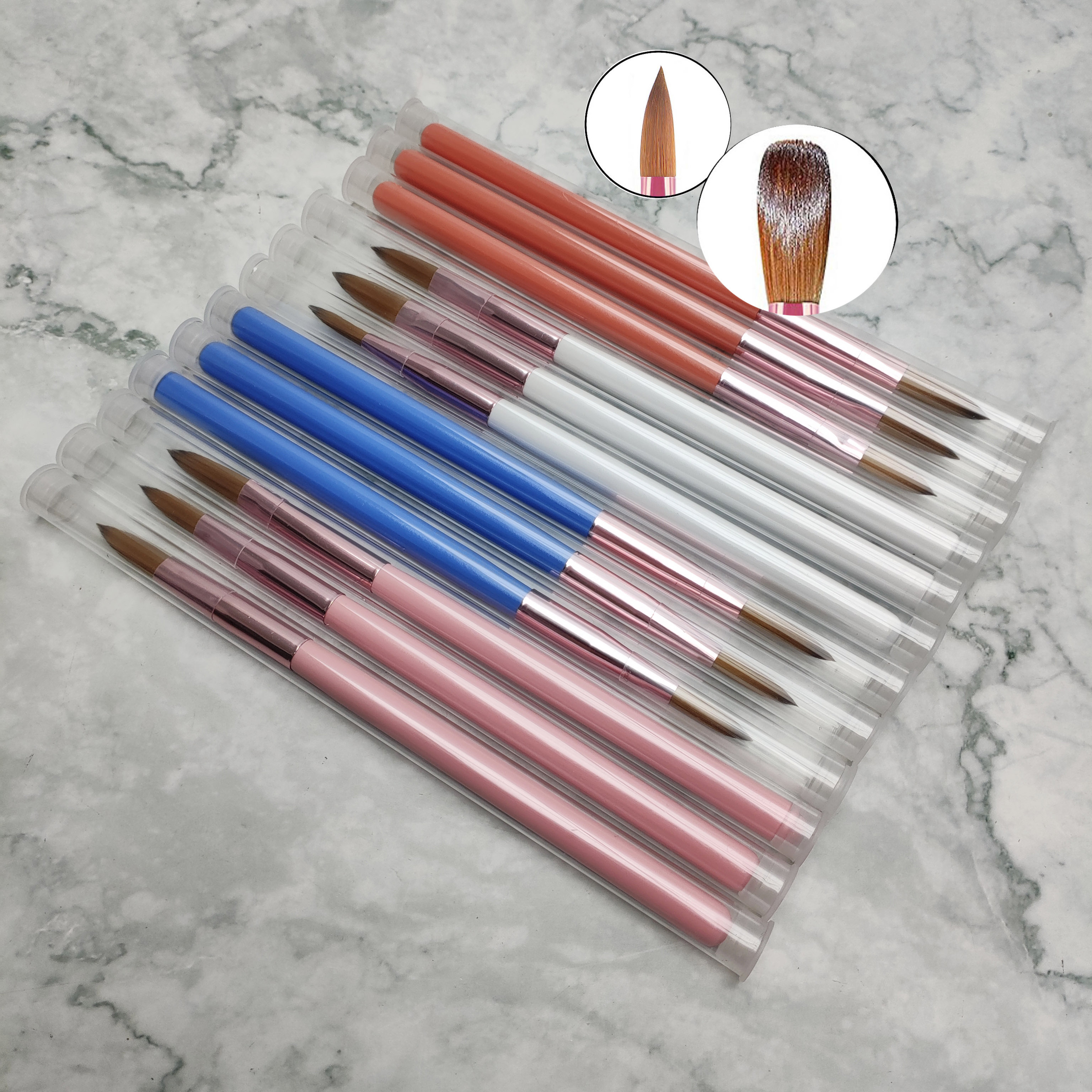 High Quality Painting Nail Pen Acrylic Gel Brush On Nail Glue Ombre Blue White Pink Nail Art Brushes Professional Wooden Handle