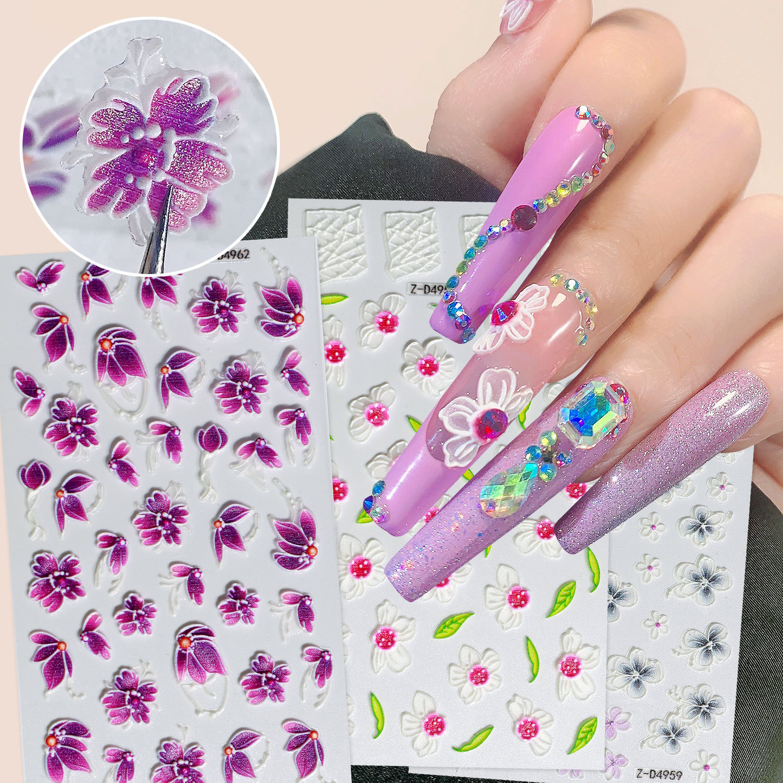 6D Acrylic Factory Price Nail Art Decals Embossed White Pink Butterfly Flower Water Decals Nail Sticker 2023