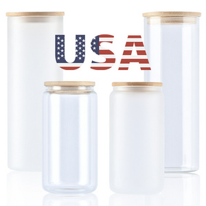 Us Warehouse 12oz 16oz 25oz Frosted Clear Beer Can with Bamboo Lid and Plastic Straws Sublimation Beer Can Glass Jar