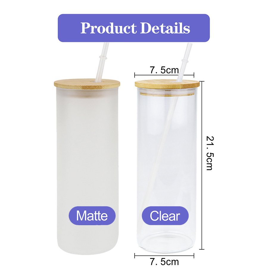 Hot Selling 25oz Clear /Frosted Glass water bottle Sublimation Blank glass Tumblers With bamboo Lid and Straws