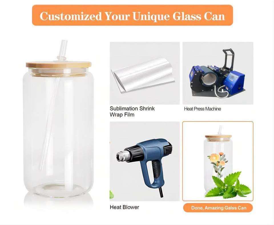 Us Warehouse 12oz 16oz 25oz Frosted Clear Beer Can with Bamboo Lid and Plastic Straws Sublimation Beer Can Glass Jar