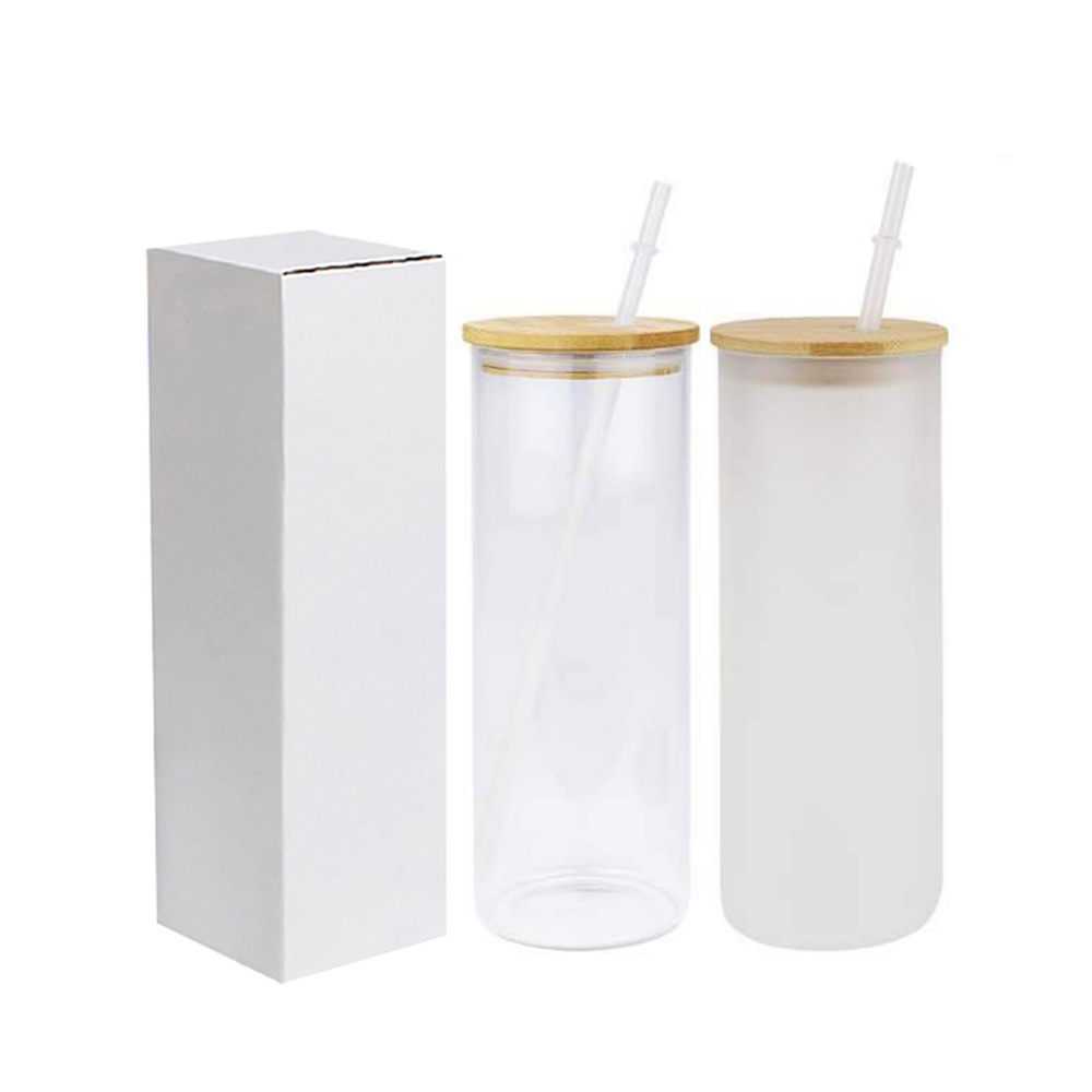 Hot Selling 25oz Clear /Frosted Glass water bottle Sublimation Blank glass Tumblers With bamboo Lid and Straws