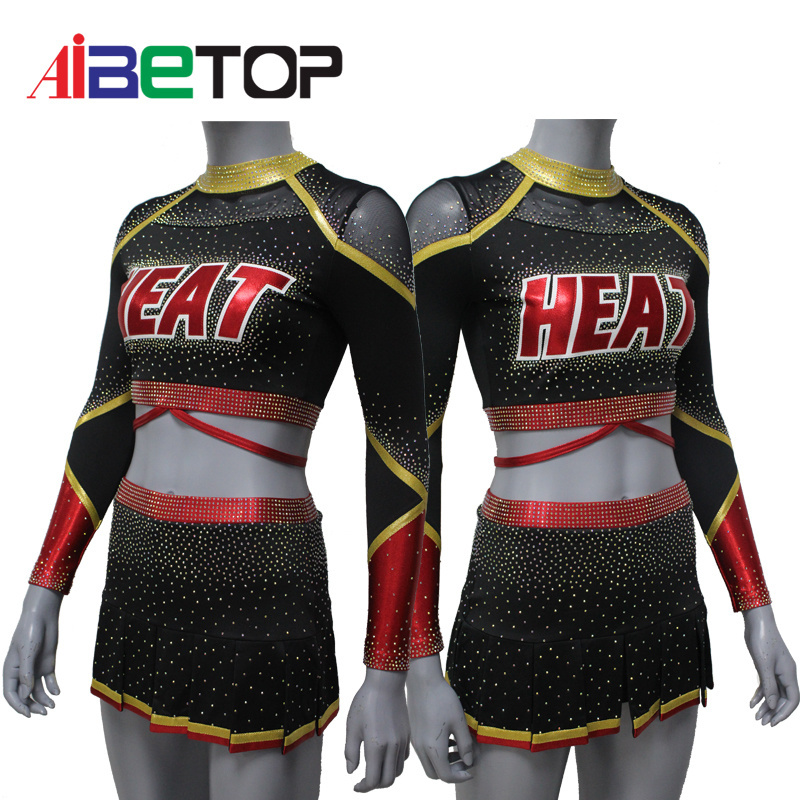 Wholesale Custom Rhinestones Cheerleader Outfit Black and Red Long Sleeve Cheerleading Uniforms