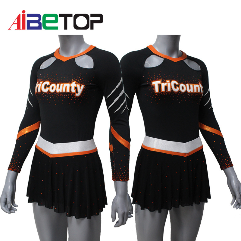 Newest Sublimation Custom Rhinestones Cheerleading Uniform All Star Orange Cheerleading Outfits