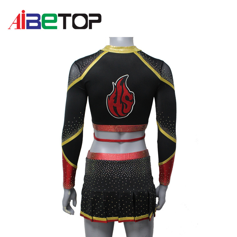 Wholesale Custom Rhinestones Cheerleader Outfit Black and Red Long Sleeve Cheerleading Uniforms