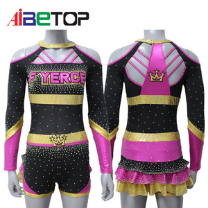 Customized pink gold divided skirt style cheerleading uniforms high quality cheerleading uniforms