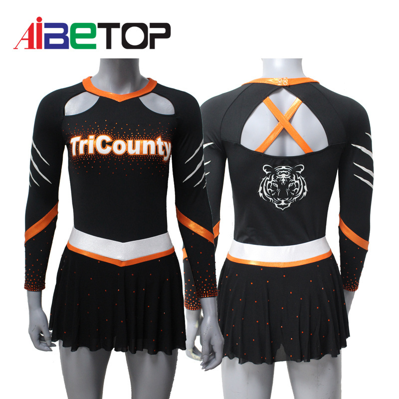 Newest Sublimation Custom Rhinestones Cheerleading Uniform All Star Orange Cheerleading Outfits