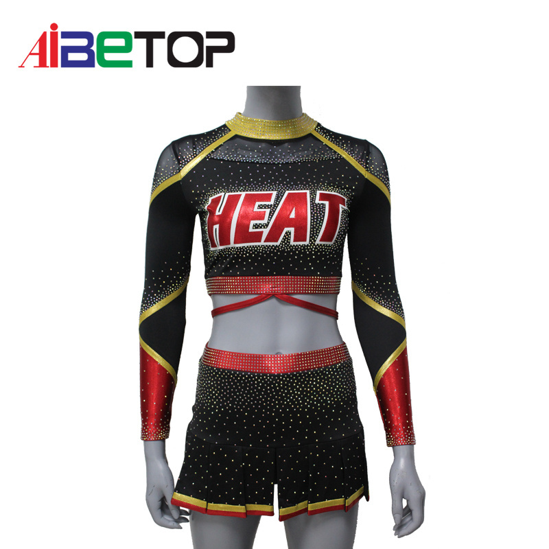 Wholesale Custom Rhinestones Cheerleader Outfit Black and Red Long Sleeve Cheerleading Uniforms