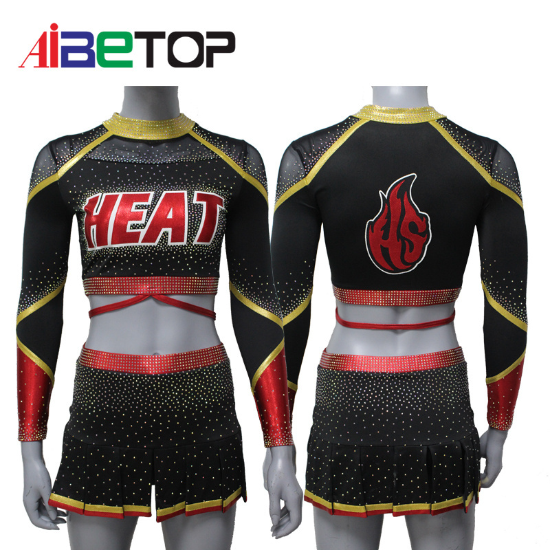 Wholesale Custom Rhinestones Cheerleader Outfit Black and Red Long Sleeve Cheerleading Uniforms