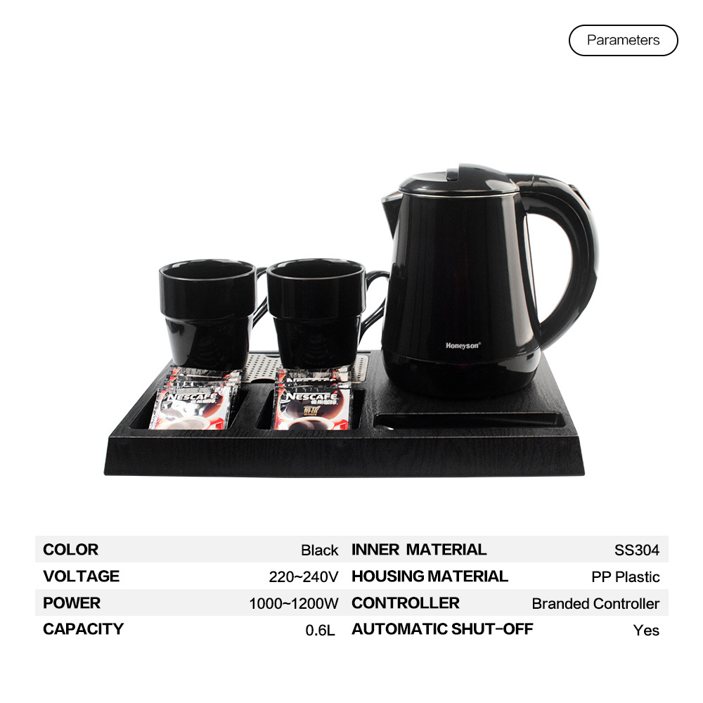 Wholesale Black Steel 0.6 Litre Welcome Tea Electric Kettle With Tray Set For Hotel