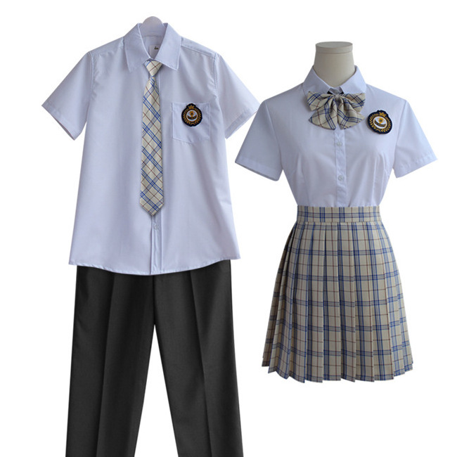 Customize High School Uniform Set Short Sleeve Shirt Pleated Skirts With ties