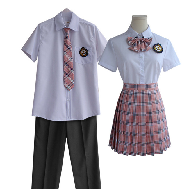 Customize High School Uniform Set Short Sleeve Shirt Pleated Skirts With ties