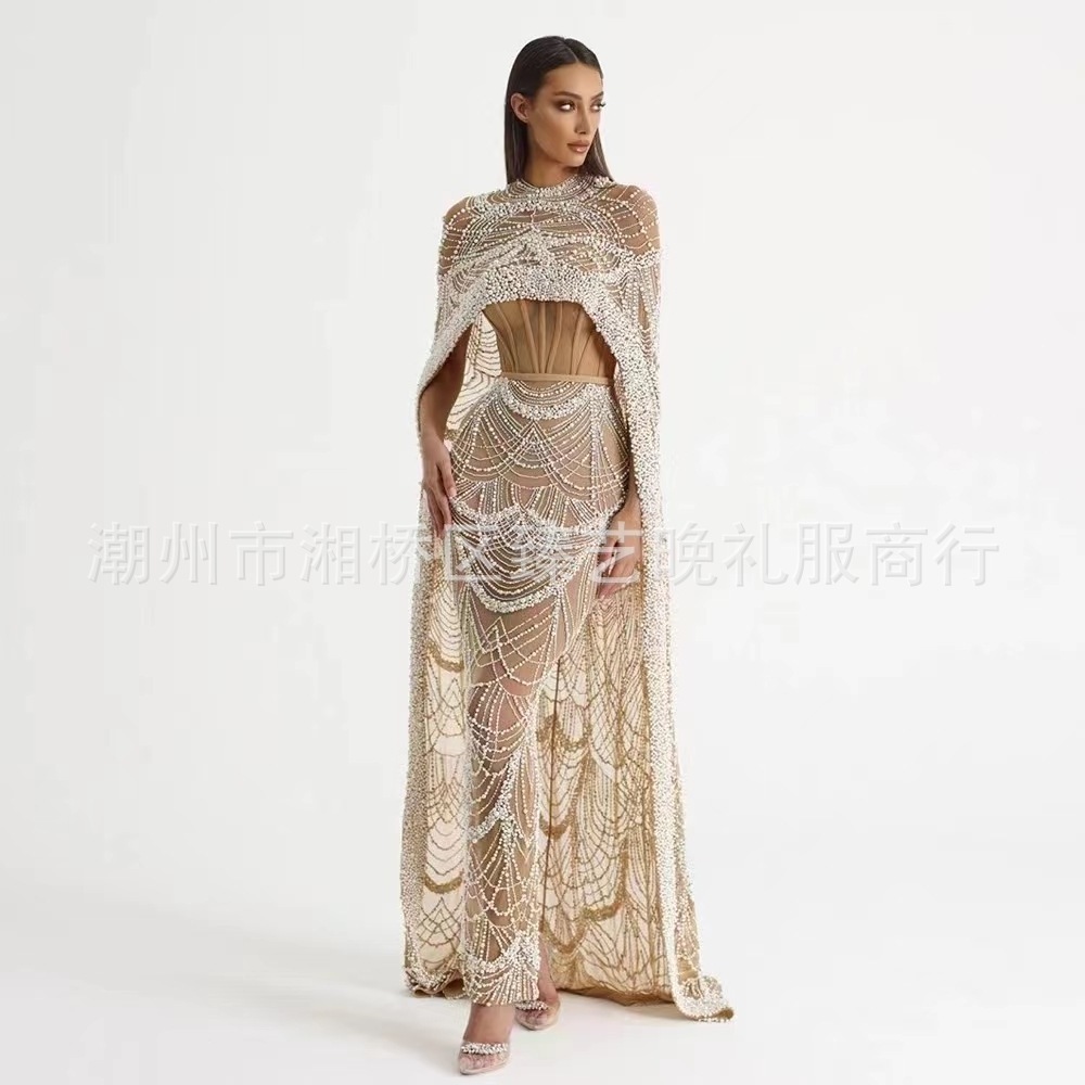 Luxury Pearls Dubai Champagne Evening Dresses With Cape 2023 New Arabic Women Mermaid Wedding Party Prom Dress