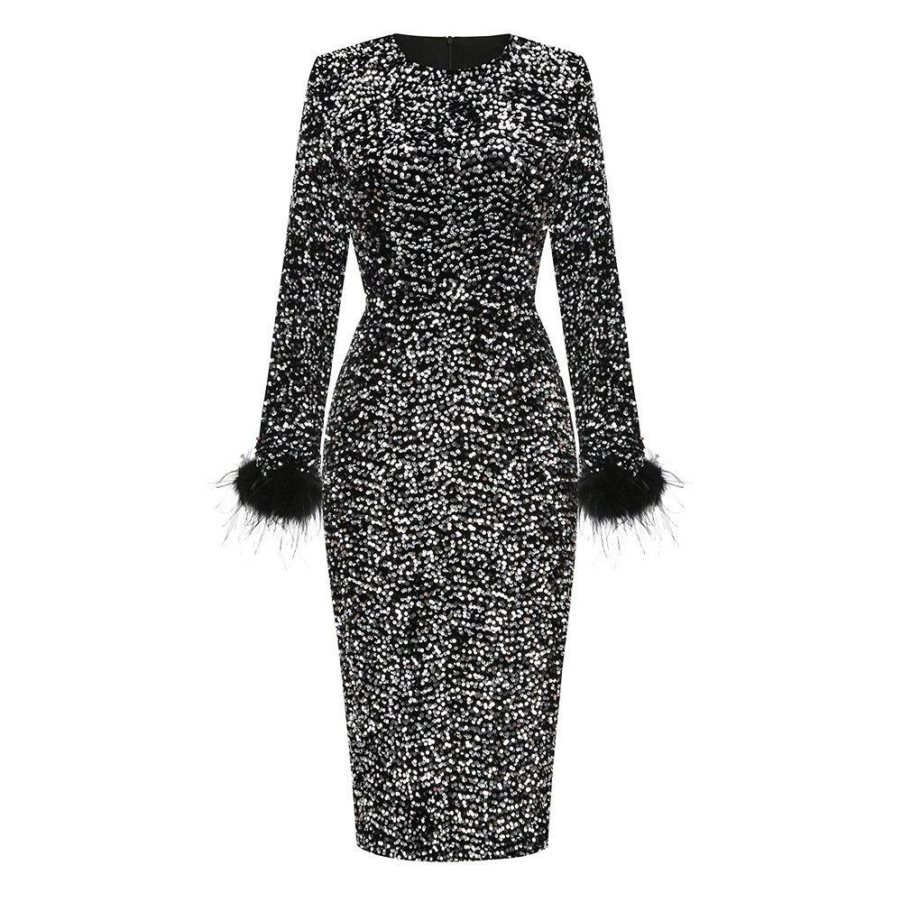 Slim Fit Long Sleeves Bodycon Sequined Ostrich Feather Prom Maxi Dress