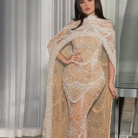 Luxury Pearls Dubai Champagne Evening Dresses With Cape 2023 New Arabic Women Mermaid Wedding Party Prom Dress