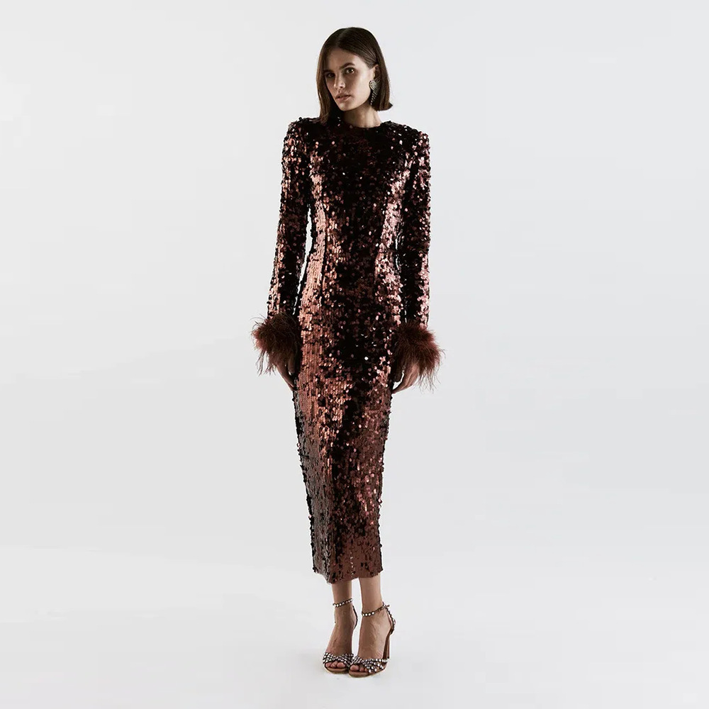 Slim Fit Long Sleeves Bodycon Sequined Ostrich Feather Prom Maxi Dress