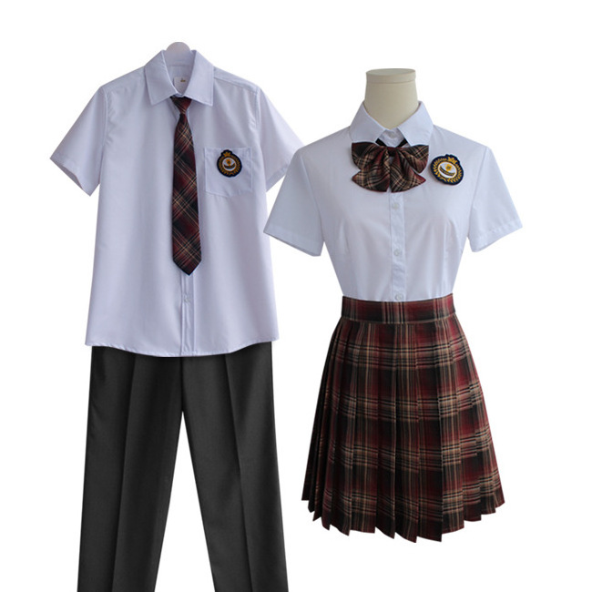 Customize High School Uniform Set Short Sleeve Shirt Pleated Skirts With ties