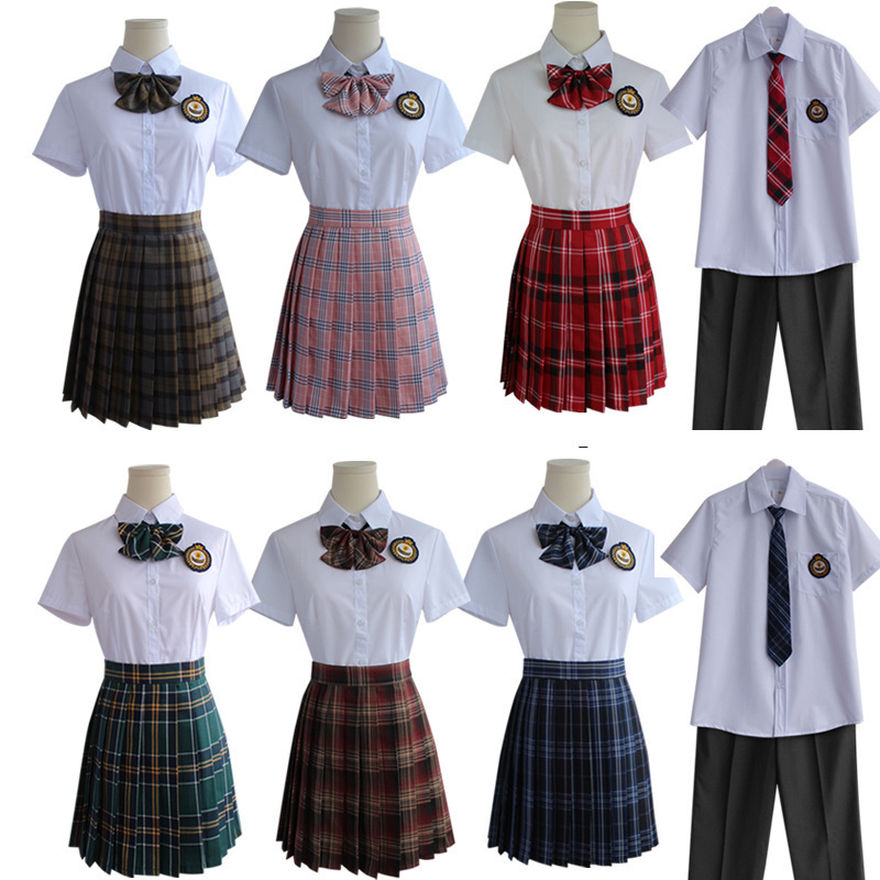 Customize High School Uniform Set Short Sleeve Shirt Pleated Skirts With ties