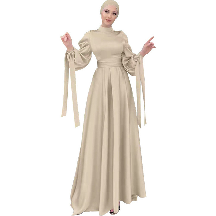 Latest Moslem Women Party Prom Dress Solid Elegant Satin Long Sleeve Abaya Muslim Modest Evening Dress Gowns With Hijab