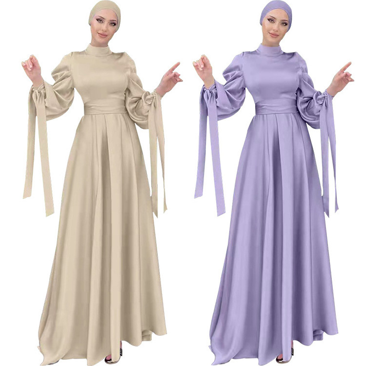 Latest Moslem Women Party Prom Dress Solid Elegant Satin Long Sleeve Abaya Muslim Modest Evening Dress Gowns With Hijab