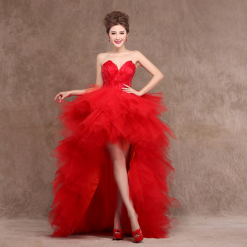 Formal Party Ball Gown Prom Bridesmaid Feather Show Front Short Back Long Tail Evening Dresses