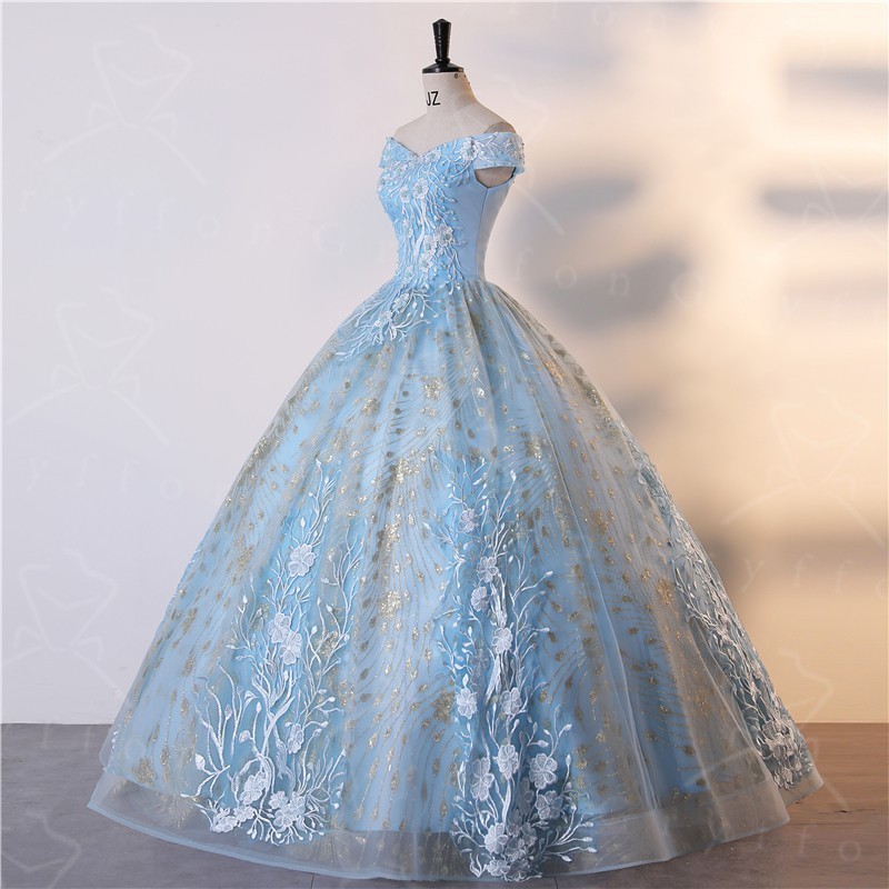 Women's Embroidered Appliques Strapless Off  Shoulder Evening Dresses Light Blue Prom Quinceanera Dress