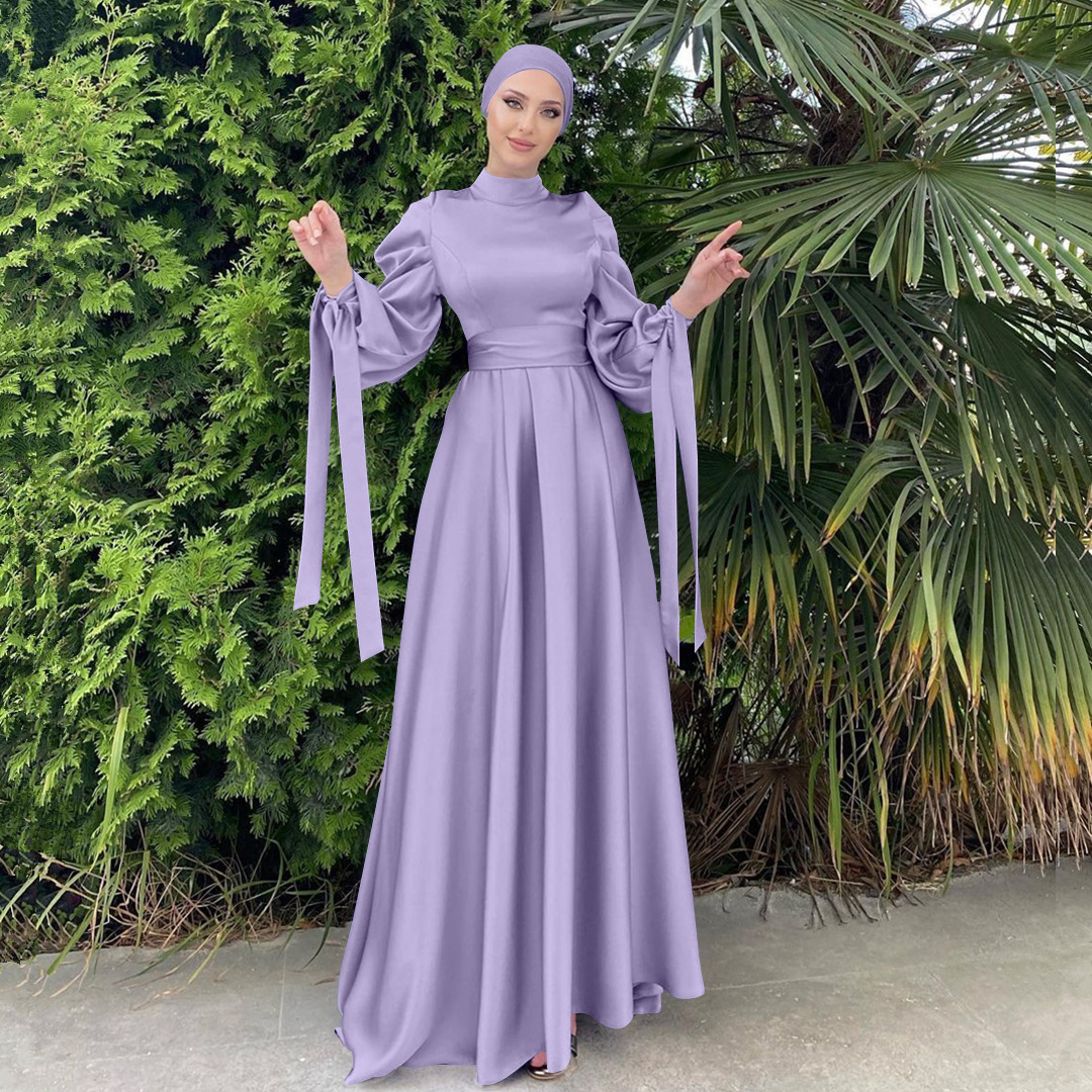 Latest Moslem Women Party Prom Dress Solid Elegant Satin Long Sleeve Abaya Muslim Modest Evening Dress Gowns With Hijab