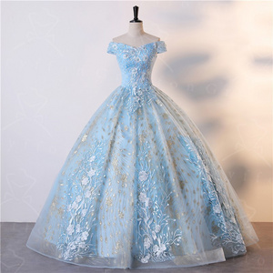 Women's Embroidered Appliques Strapless Off  Shoulder Evening Dresses Light Blue Prom Quinceanera Dress