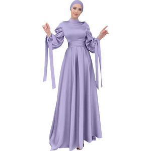 Latest Moslem Women Party Prom Dress Solid Elegant Satin Long Sleeve Abaya Muslim Modest Evening Dress Gowns With Hijab