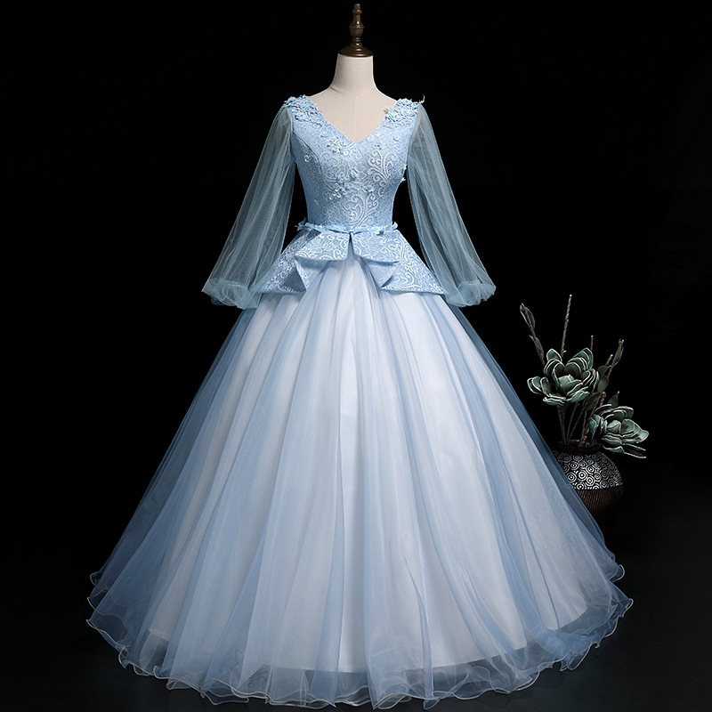 Light Blue Lace Veil Rococo Ball Gown Long Medieval Dress Renaissance Gown Royal Quinceanera Evening Dresses